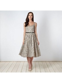 Designer Natural Sketched Prom Dress - length: below the knee; sleeve style: sleeveless; style: full skirt; back detail: low cut/open back; waist detail: belted waist/tie at waist/drawstring; predominant colour: stone; secondary colour: black; fit: fitted at waist & bust; fibres: cotton - 100%; occasions: occasion; hip detail: soft pleats at hip/draping at hip/flared at hip; sleeve length: sleeveless; texture group: cotton feel fabrics; trends: statement prints; neckline: low square neck; pattern type: fabric; pattern size: small & busy; pattern: patterned/print