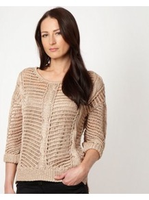 Designer Beige Metallic Open Knit Jumper - neckline: round neck; pattern: plain; style: standard; predominant colour: camel; occasions: casual, evening, work; length: standard; fibres: acrylic - 100%; fit: loose; bust detail: contrast pattern/fabric/detail at bust; sleeve length: 3/4 length; sleeve style: standard; texture group: knits/crochet; trends: metallics; pattern type: knitted - big stitch; pattern size: standard