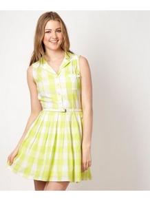 Designer Lime Green Checked Day Dress - length: mid thigh; neckline: shirt collar/peter pan/zip with opening; sleeve style: sleeveless; pattern: checked/gingham; waist detail: belted waist/tie at waist/drawstring; bust detail: buttons at bust (in middle at breastbone)/zip detail at bust; secondary colour: white; predominant colour: lime; occasions: casual, holiday; fit: fitted at waist & bust; style: fit & flare; fibres: cotton - 100%; hip detail: soft pleats at hip/draping at hip/flared at hip; sleeve length: sleeveless; texture group: cotton feel fabrics; pattern type: fabric; pattern size: standard