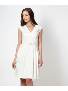 Designer Ivory Textured Dress - neckline: v-neck; sleeve style: capped; pattern: plain; waist detail: belted waist/tie at waist/drawstring; predominant colour: white; length: just above the knee; fit: fitted at waist & bust; style: fit & flare; fibres: polyester/polyamide - stretch; occasions: occasion; sleeve length: short sleeve; pattern type: fabric; texture group: other - light to midweight