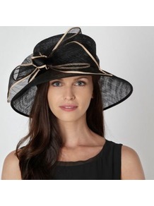 Black Ribbon Edge Bow Hat - secondary colour: nude; predominant colour: black; occasions: occasion; type of pattern: light; style: wide brimmed; size: large; material: sinamay; embellishment: bow; pattern: plain