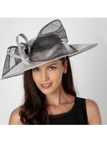 Grey Two Tone Bow Occasion Hat - predominant colour: mid grey; secondary colour: light grey; occasions: evening, occasion; type of pattern: light; style: wide brimmed; size: standard; material: sinamay; embellishment: bow; pattern: plain