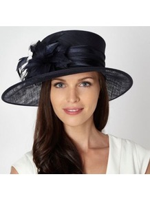 Navy Double Feather Corsage Hat - predominant colour: navy; occasions: evening, occasion; type of pattern: standard; style: wide brimmed; size: large; material: sinamay; pattern: plain; embellishment: corsage