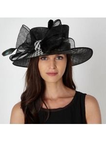 Black Checked Bow Hat - secondary colour: white; predominant colour: black; occasions: evening, occasion; type of pattern: small; style: wide brimmed; size: large; material: sinamay; embellishment: bow; pattern: plain