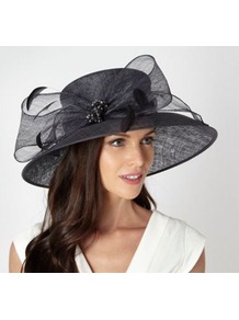 Dark Grey Two Tone Beaded Bow Hat - predominant colour: black; occasions: evening, occasion; type of pattern: light; style: wide brimmed; size: large; material: sinamay; embellishment: feather; pattern: plain