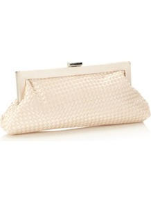 Designer Peach Woven Satin Clutch Bag - predominant colour: ivory; occasions: evening, occasion; type of pattern: small; style: clutch; length: hand carry; size: standard; material: fabric; pattern: plain; finish: plain