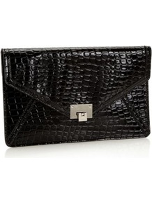 Designer Black Mock Croc Envelope Clutch Bag - predominant colour: black; occasions: evening, occasion; type of pattern: small; style: clutch; length: hand carry; size: standard; material: faux leather; pattern: plain; finish: patent