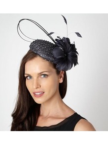 Designer Dark Grey Diamante Quill Beret Fascinator - predominant colour: navy; secondary colour: silver; occasions: occasion; type of pattern: heavy; style: fascinator; size: standard; material: sinamay; embellishment: crystals; pattern: plain; trends: metallics