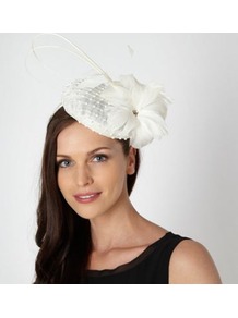 Designer Cream Diamante Quill Beret Fascinator - predominant colour: ivory; occasions: occasion; type of pattern: standard; style: fascinator; size: small; material: sinamay; pattern: plain; embellishment: corsage