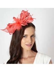 Designer Light Peach Feather Corsage Fascinator - predominant colour: coral; occasions: evening, occasion; type of pattern: light; style: fascinator; size: standard; material: macrame/raffia/straw; embellishment: feather; pattern: plain