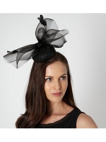 Designer Black Pleated Button Top Fascinator - predominant colour: black; occasions: occasion; type of pattern: standard; style: fascinator; size: large; material: sinamay; embellishment: feather; pattern: plain