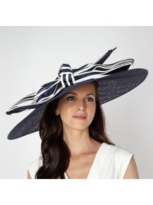 Designer Navy Bind Striped Bow Hair Piece - secondary colour: white; predominant colour: navy; occasions: evening, occasion; type of pattern: heavy; style: wide brimmed; size: large; material: macrame/raffia/straw; embellishment: bow; pattern: striped; trends: statement prints