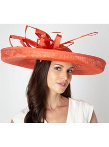 Designer Orange Folded Mesh Corsage Fascinator - predominant colour: bright orange; occasions: occasion; type of pattern: standard; style: wide brimmed; size: large; material: sinamay; pattern: plain; embellishment: corsage