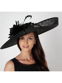 Designer Black Oversize Flower Hair Piece - predominant colour: black; occasions: occasion; type of pattern: light; style: wide brimmed; size: large; material: sinamay; pattern: plain; embellishment: corsage