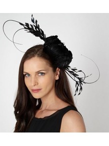 Designer Black Quill Fascinator - predominant colour: black; occasions: evening, occasion; type of pattern: small; style: fascinator; size: large; material: macrame/raffia/straw; embellishment: feather; pattern: plain