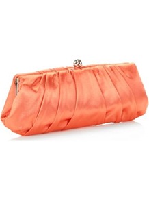 Designer Orange Pointed Clasp Clutch Bag - predominant colour: bright orange; occasions: evening, occasion, holiday; type of pattern: standard; style: clutch; length: hand carry; size: standard; material: satin; embellishment: pleated; pattern: plain; trends: fluorescent; finish: plain