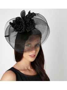 Black Multi Rose Corsage Fascinator - predominant colour: black; occasions: occasion; type of pattern: standard; style: fascinator; size: large; material: sinamay; pattern: plain; embellishment: corsage