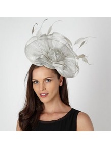 Designer Silver Embellished Flower Hair Piece - predominant colour: silver; secondary colour: silver; occasions: occasion; type of pattern: standard; style: fascinator; size: large; material: sinamay; embellishment: feather; pattern: plain