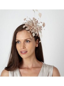 Taupe Curl Feather Headband - predominant colour: stone; occasions: occasion; style: fascinator; size: small; material: fabric; embellishment: feather; pattern: plain