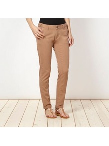 Tan Tapered Leg Chinos - length: standard; pattern: plain; pocket detail: large back pockets, pockets at the sides; waist: mid/regular rise; predominant colour: tan; occasions: casual, evening, work, holiday; style: chino; fibres: cotton - stretch; hip detail: fitted at hip (bottoms); waist detail: narrow waistband; jeans & bottoms detail: turn ups; texture group: cotton feel fabrics; fit: tapered; pattern type: fabric