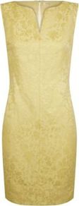 Jacquard Dress - style: shift; length: mid thigh; neckline: v-neck; fit: tailored/fitted; sleeve style: sleeveless; predominant colour: primrose yellow; occasions: evening, occasion; fibres: linen - mix; sleeve length: sleeveless; texture group: ornate wovens; pattern type: fabric; pattern size: small & light; pattern: florals