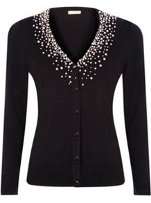 Black Embellished Cardigan - neckline: v-neck; pattern: plain; bust detail: added detail/embellishment at bust; predominant colour: black; occasions: evening, work; length: standard; style: standard; fit: slim fit; sleeve length: long sleeve; sleeve style: standard; texture group: knits/crochet; pattern type: knitted - fine stitch; embellishment: pearls; fibres: viscose/rayon - mix
