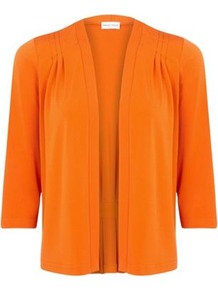 Jersey Cardigan - pattern: plain; neckline: collarless open; bust detail: ruching/gathering/draping/layers/pintuck pleats at bust; style: open front; predominant colour: bright orange; occasions: casual, work; length: standard; fibres: polyester/polyamide - stretch; fit: standard fit; sleeve length: 3/4 length; sleeve style: standard; pattern type: fabric; texture group: jersey - stretchy/drapey