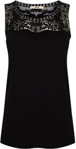 Lace Detail Vest - neckline: round neck; pattern: plain; sleeve style: sleeveless; length: below the bottom; style: vest top; shoulder detail: contrast pattern/fabric at shoulder; predominant colour: black; occasions: casual, evening, holiday; fibres: viscose/rayon - 100%; fit: straight cut; bust detail: contrast pattern/fabric/detail at bust; sleeve length: sleeveless; texture group: cotton feel fabrics; pattern type: fabric; embellishment: lace