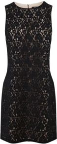 Lace Shift Dress - style: shift; length: mid thigh; neckline: round neck; sleeve style: sleeveless; predominant colour: black; occasions: evening, occasion; fit: body skimming; fibres: cotton - mix; sleeve length: sleeveless; texture group: lace; pattern type: fabric; pattern size: light/subtle; pattern: patterned/print; embellishment: lace