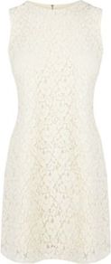 Lace Shift Dress - style: shift; length: mid thigh; neckline: round neck; pattern: plain; sleeve style: sleeveless; predominant colour: ivory; occasions: evening, occasion, holiday; fit: body skimming; fibres: cotton - mix; sleeve length: sleeveless; texture group: lace; pattern type: fabric; embellishment: lace