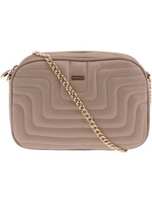 Taupe Banguecoque Cross Bag - predominant colour: taupe; secondary colour: gold; occasions: casual, evening, work, occasion, holiday; type of pattern: standard; style: shoulder; length: across body/long; size: standard; material: faux leather; embellishment: quilted; pattern: plain; finish: plain