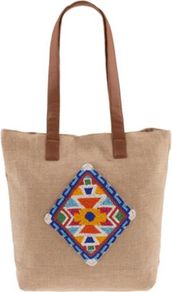 Beige India Shopper - secondary colour: bright orange; predominant colour: stone; occasions: casual, holiday; type of pattern: light; style: tote; length: shoulder (tucks under arm); size: standard; material: fabric; embellishment: embroidered; finish: plain; pattern: patterned/print