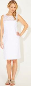 Anglaise Dress White - style: shift; neckline: round neck; fit: tailored/fitted; pattern: plain; sleeve style: sleeveless; predominant colour: white; length: on the knee; fibres: cotton - stretch; occasions: occasion; sleeve length: sleeveless; trends: glamorous day shifts; pattern type: fabric; texture group: broiderie anglais