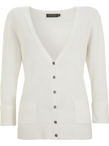 Ivory Cardigan, Ivory - neckline: plunge; pattern: plain; predominant colour: ivory; occasions: casual, work; length: standard; style: standard; fibres: viscose/rayon - stretch; fit: slim fit; sleeve length: 3/4 length; sleeve style: standard; texture group: knits/crochet; pattern type: knitted - fine stitch