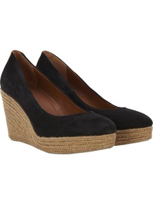 Suede Espadrilles, Black - secondary colour: camel; predominant colour: black; occasions: casual; material: suede; heel height: high; heel: wedge; toe: round toe; style: courts; finish: plain; pattern: plain