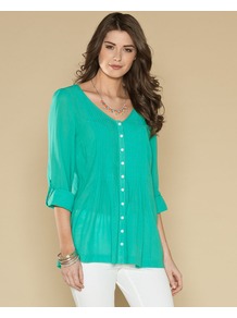 Pippa Pleat Blouse - neckline: v-neck; pattern: plain; style: blouse; predominant colour: mint green; occasions: casual, work, holiday; length: standard; fit: loose; sleeve length: long sleeve; sleeve style: standard; texture group: silky - light; pattern type: fabric; fibres: viscose/rayon - mix