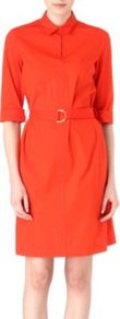 Belted Shirt Dress - style: shirt; neckline: shirt collar/peter pan/zip with opening; fit: tailored/fitted; pattern: plain; waist detail: belted waist/tie at waist/drawstring; predominant colour: bright orange; occasions: casual, evening, work; length: just above the knee; fibres: cotton - stretch; sleeve length: 3/4 length; sleeve style: standard; texture group: cotton feel fabrics; pattern type: fabric