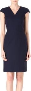 Hedis Dress - style: shift; neckline: v-neck; sleeve style: capped; fit: tailored/fitted; pattern: plain; predominant colour: navy; occasions: evening, work; length: just above the knee; fibres: cotton - stretch; sleeve length: short sleeve; trends: glamorous day shifts; pattern type: fabric; texture group: other - light to midweight