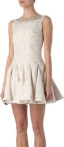 Georgie Prom Dress - length: mini; neckline: slash/boat neckline; sleeve style: sleeveless; style: prom dress; pattern: paisley; back detail: low cut/open back; waist detail: structured pleats at waist; secondary colour: ivory; predominant colour: nude; occasions: evening, occasion; fit: fitted at waist & bust; fibres: viscose/rayon - 100%; hip detail: structured pleats at hip; sleeve length: sleeveless; texture group: ornate wovens; trends: volume; pattern type: fabric; pattern size: small & busy; embellishment: jewels