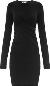 Twisted Stretch Mesh Jersey Dress - style: shift; length: mid thigh; neckline: round neck; pattern: plain; waist detail: twist front waist detail/nipped in at waist on one side/soft pleats/draping/ruching/gathering waist detail; hip detail: fitted at hip; bust detail: ruching/gathering/draping/layers/pintuck pleats at bust; predominant colour: black; occasions: casual, evening, work, occasion; fit: body skimming; fibres: viscose/rayon - stretch; sleeve length: long sleeve; sleeve style: standard; trends: glamorous day shifts; pattern type: fabric; texture group: jersey - stretchy/drapey