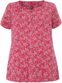 Pink Floral Shirt - style: t-shirt; bust detail: buttons at bust (in middle at breastbone)/zip detail at bust; secondary colour: diva blue; occasions: casual, holiday; length: standard; fibres: cotton - mix; fit: body skimming; neckline: crew; sleeve length: short sleeve; sleeve style: standard; pattern type: fabric; pattern size: light/subtle; pattern: florals; texture group: jersey - stretchy/drapey; predominant colour: dusky pink
