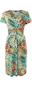 Print Jersey Gathered Dress - neckline: low v-neck; style: sundress; waist detail: twist front waist detail/nipped in at waist on one side/soft pleats/draping/ruching/gathering waist detail; secondary colour: mustard; occasions: evening, work, occasion, holiday; length: on the knee; fit: fitted at waist & bust; fibres: polyester/polyamide - stretch; hip detail: soft pleats at hip/draping at hip/flared at hip; predominant colour: multicoloured; sleeve length: short sleeve; sleeve style: standard; pattern type: fabric; pattern size: big & busy; pattern: florals; texture group: jersey - stretchy/drapey