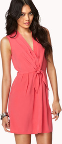 Pleated Tie Front Dress - style: faux wrap/wrap; length: mid thigh; neckline: low v-neck; fit: fitted at waist; pattern: plain; sleeve style: sleeveless; waist detail: belted waist/tie at waist/drawstring; predominant colour: pink; occasions: casual, evening; fibres: polyester/polyamide - 100%; sleeve length: sleeveless