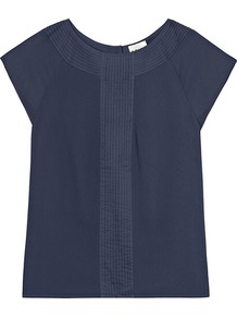 Hoops Pleat Detail Top - sleeve style: capped; pattern: plain; predominant colour: navy; occasions: casual, work; length: standard; style: top; fibres: silk - 100%; fit: straight cut; neckline: crew; sleeve length: short sleeve; texture group: silky - light; bust detail: tiers/frills/bulky drapes/pleats; pattern type: fabric