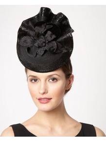 Black Ruffled Floral Fascinator - predominant colour: black; occasions: evening, occasion; type of pattern: light; style: fascinator; size: large; material: macrame/raffia/straw; pattern: plain; embellishment: corsage