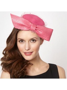 Designer Bright Pink Bow Gem Veil Headband - predominant colour: pink; occasions: evening, occasion; type of pattern: standard; style: pillbox; size: standard; material: macrame/raffia/straw; embellishment: bow; pattern: plain