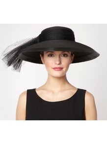 Black Oversized Mesh Bow Hat - predominant colour: black; occasions: evening, occasion; type of pattern: light; style: wide brimmed; size: large; material: macrame/raffia/straw; embellishment: bow; pattern: plain