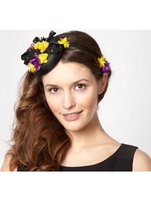 Designer Black Ribbon Stud Button Fascinator - secondary colour: yellow; predominant colour: black; occasions: evening, occasion; type of pattern: heavy; style: fascinator; size: small; material: sinamay; embellishment: ribbon; pattern: plain