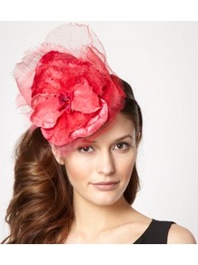 Designer Red Pansy Top Headband - predominant colour: pink; secondary colour: true red; occasions: occasion; style: fascinator; size: large; material: sinamay; pattern: plain; embellishment: corsage