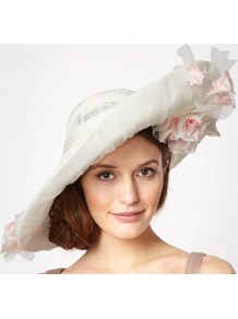 Designer Cream Climbing Roses Saucer Fascinator - predominant colour: white; secondary colour: blush; occasions: evening, occasion; type of pattern: large; style: wide brimmed; size: large; material: sinamay; pattern: plain; trends: high impact florals; embellishment: corsage